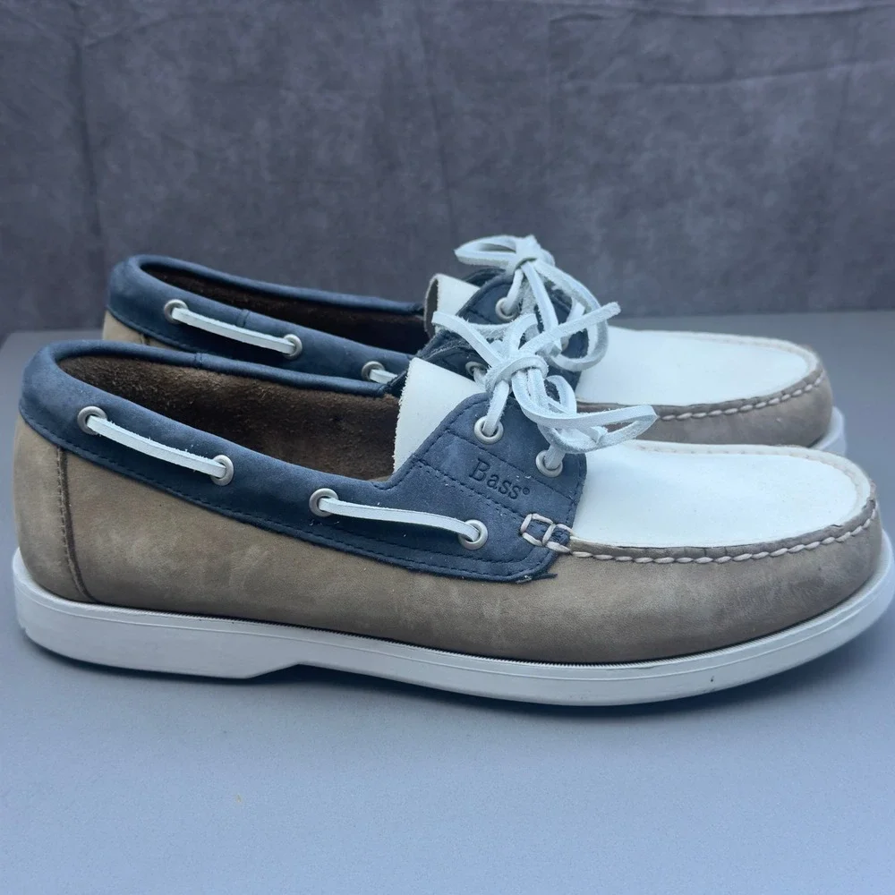 Bass Seafarer Boat Shoes 8.5M Tan Blue White Leather Mens